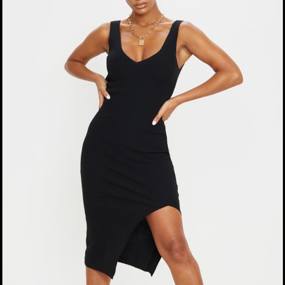 PLT Black V Neck Side Split Knitted Midi Dress
